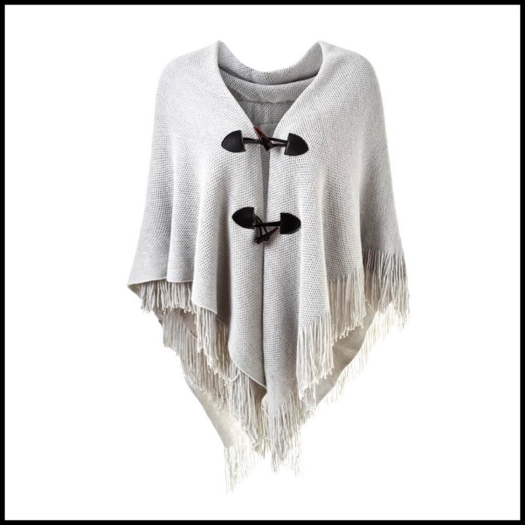Oversized Acrylic Cape Poncho Shawl Elegant Chic Toggle Button Fringe Hem
